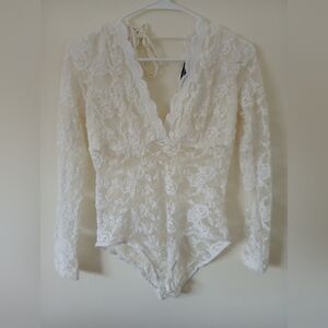 Womens Medium Ambiance Elegant White Lace Long Sleeve Leotard Bodysuit